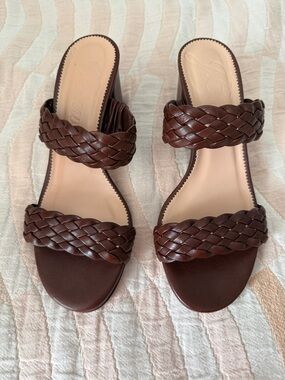 J. Crew Braided Double-Strap Brown Leather Mules
